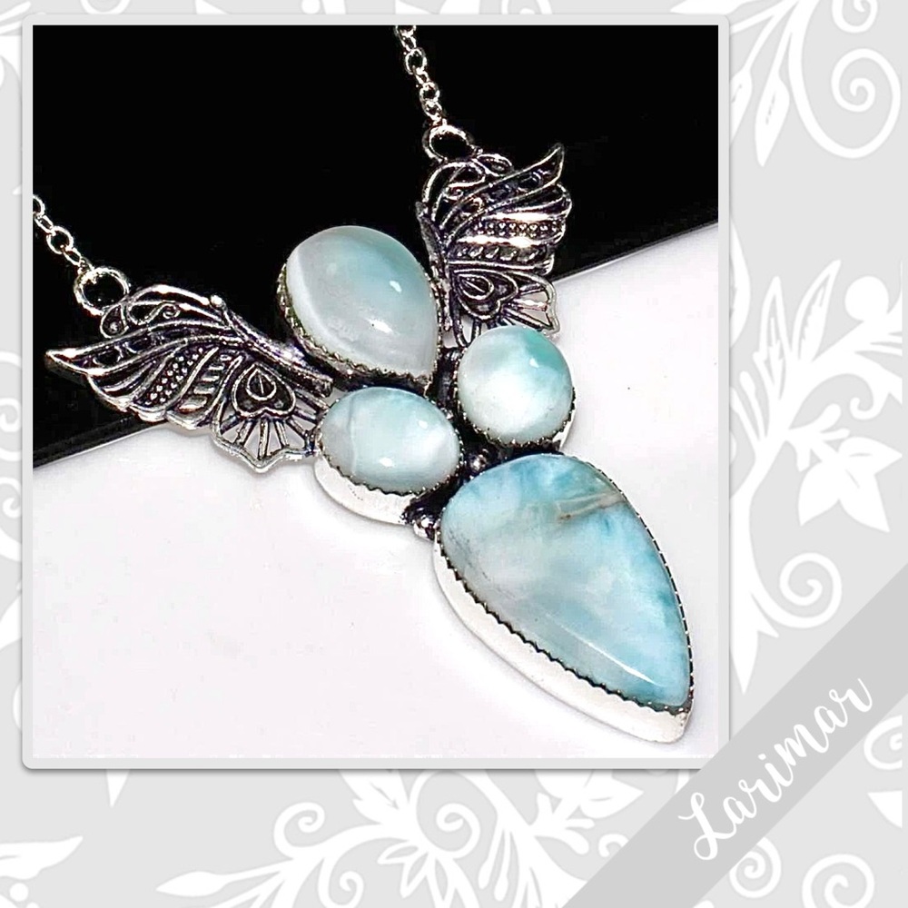 Larimar Large Edgy Eclectic Silver Artisan Necklace, 19” (Turquoise / Aqua Blue)